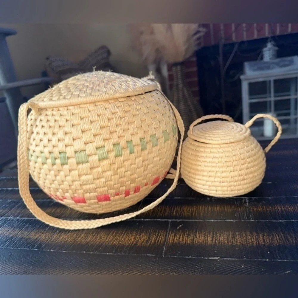 Baskets Round Pair Woven Lid Long Straps & added 3 more! (5 total)
